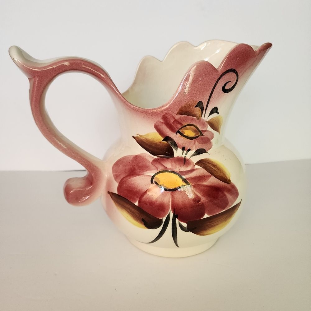 Vintage Hand Painted Ceramic Pitcher With Floral Design Italian